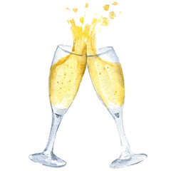 Two glasses with champagne clink glasses with a splash. New year. Vector. Isolated.