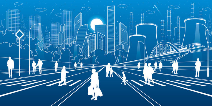 Urban City Infrastructure Illustration. People walking at street. Modern town. Train move on bridge. Illuminated highway. Factory thermal power plant. White lines on blue background. Vector design art