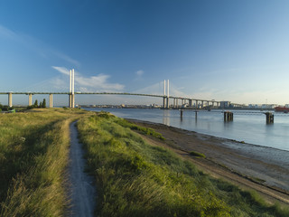 Drone shot above over grass on Thames riverbank with QEII bridge