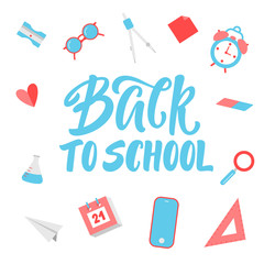 Back to school lettering and school supplies icons on background.