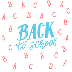 Back to school banner design with hand drawn lettering and abc letters on background.