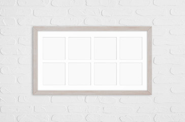 Wooden photo frame mock up, eight pictures collage on white bricks wall. Home, office, studio or gallery interior decor