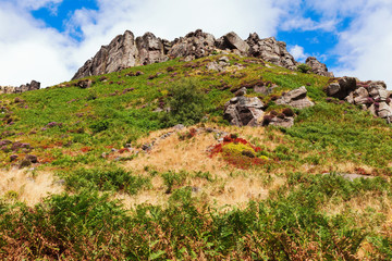 Rocks at the Roaches, Peak District National park, view of the stone hills and field, selective focus