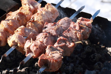Vegetables, meat, mushrooms and bread toasted at the stake and bbq