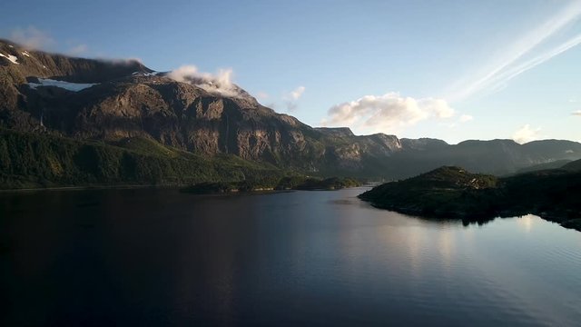Aerial flyby over Norwegian fjord