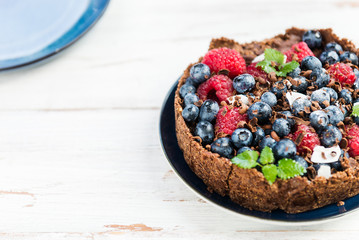 Homemade Chocolate Tart with Blueberries and Raspberries