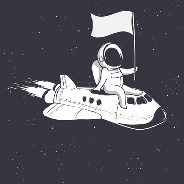 Astronaut, sitting on space shuttle, holds a flag. vector illustration