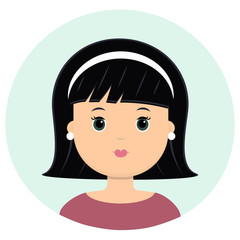 Beautiful young woman with black short hair and bezel. Portrait of modern fashion, hairstyle salon, vector icon, isolated on white background.