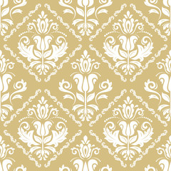 Classic seamless vector golden and white pattern. Damask orient ornament. Classic vintage background. Orient ornament for fabric, wallpaper and packaging