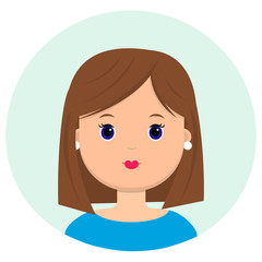 Beautiful young woman with brown hair up to her shoulders. Portrait of modern fashion, hairstyle salon, vector icon, isolated on white background.