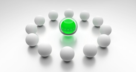 Der Anführer im Mittelpunkt des Teams. Ein Gruppe von Kugeln im Kreis. Eine grüne Kugel in der Mitte. 