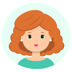 Beautiful young woman with red curly hair. Portrait of modern fashion, hairstyle salon, vector icon, isolated on white background.