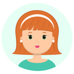 Beautiful young woman with red short hair and bezel. Portrait of modern fashion, hairstyle salon, vector icon, isolated on white background.