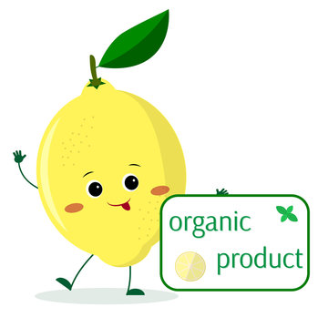 A cute lemon cartoon character holds a plate of organic foods.
