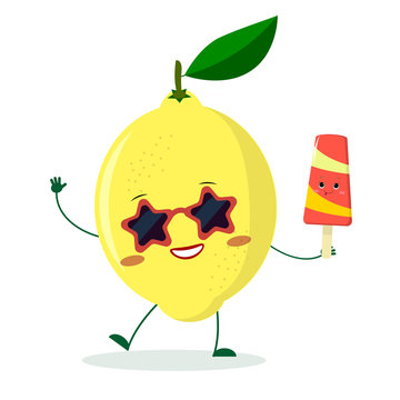 Cute lemon cartoon character in sunglasses star in the hands of a colorful ice cream.