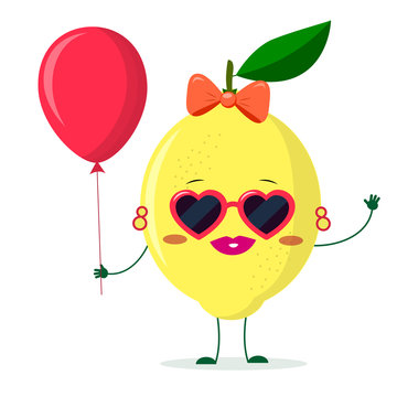 Cute lemon cartoon character sunglasses hearts, bow and earrings. Holds a red air balloon.
