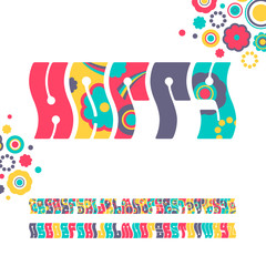 Bright color hippie 60s font, graphical decorative alphabet.