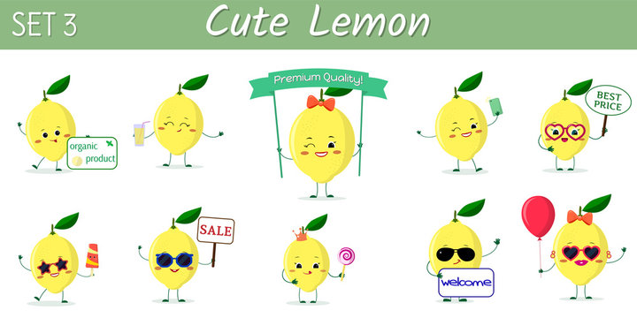 A set of ten cute lemon characters in different poses and accessories in cartoon style.