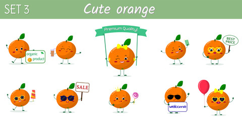 A set of ten cute orange characters in different poses and accessories in cartoon style.