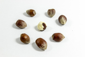 Close-up shot of circular positioned hazelnuts with blurry white background
