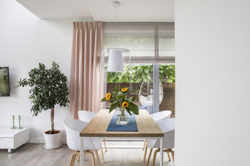 Real photo of a dining room interior with a table, chairs, tree and big window. Place your graphic