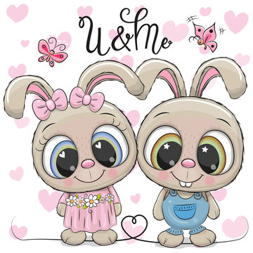 Rabbits boy and girl on a hearts background