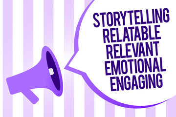 Writing note showing Storytelling Relatable Relevant Emotional Engaging. Business photo showcasing Share memories Tales Megaphone loudspeaker purple stripes important message speech bubble.