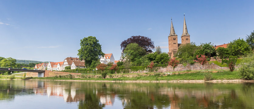 Panorama of the skyline of Hoxter and the Weser river in Germany