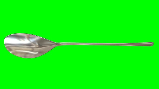 Animated rotating around x axis simple shining silver table spoon against green background. Full 360 degree spin, loop able and isolated.