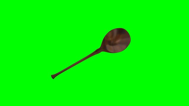 Animated rotating around y axis simple shining bronze spoon against green background. Full 360 degree spin, loop able and isolated.