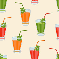 Pattern seamless with a glass glasses with fitness cocktails on a light pink background