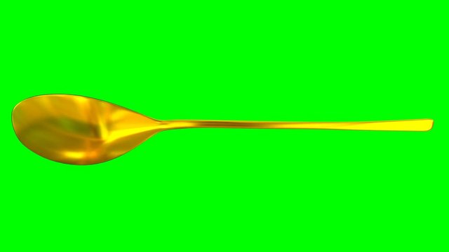 Animated rotating around x axis simple shining gold table spoon against green background. Full 360 degree spin, loop able and isolated.