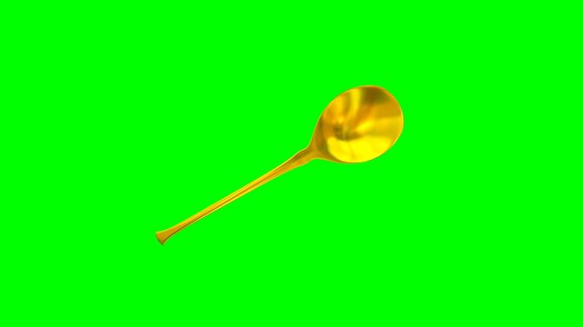Animated rotating around y axis simple shining gold spoon against green background. Full 360 degree spin, loop able and isolated.