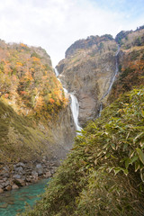 Japanese waterfall, Autumn Shomyo Falls in Toyama. 日本の滝　秋の称名滝　富山県立山町