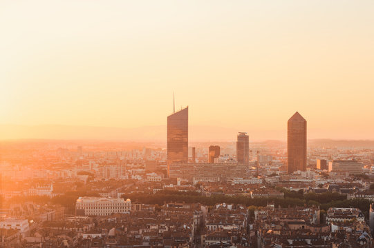 The skyline of the business center in the French city of Lyon during a summer sunrise.
