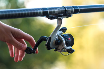 Fishing rod close-up. Fishing on the lake. Fishing tackle