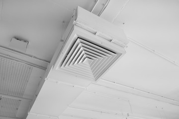 Ventilation system on the ceiling of large buildings. Ventilation pipes in silver insulation...