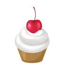 Cupcake with Whipped Cream Swirl and Cherry on Top