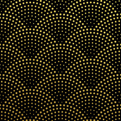 Seamless pattern vector background of glittery golden scales or art deco fountain confetti in retro arch design with gold glittering dots on black in Gatsby style
