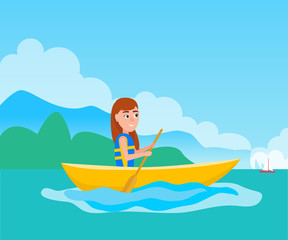 Obraz na płótnie Canvas Kayaking Girl Sitting in Boat Vector Illustration