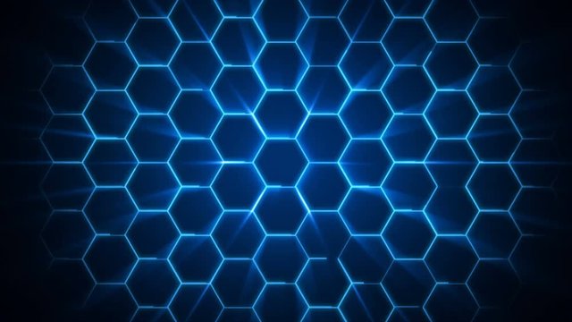 4K futuristic surface. Neon blue light hexagon pattern. Abstract motion background.