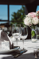 Empty glasses set in restaurant. Celebrating a wedding or other holiday