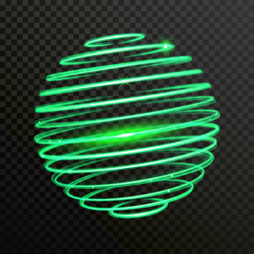 Green spiral sphere globe of neon light. Vector shiny trace or twirl trail with shine sparkle effect