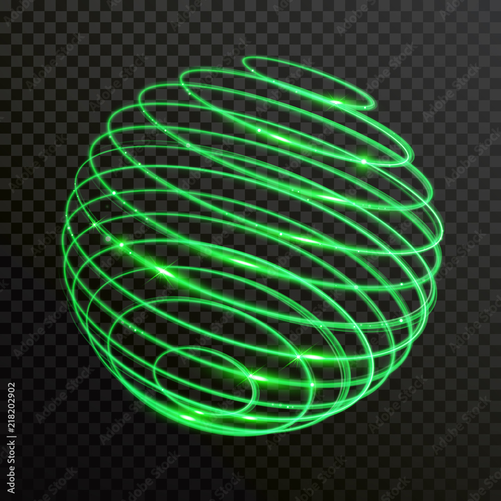 Wall mural green glow light sphere of spiral circles with sparkling effect. vector abstract shiny globe of neon