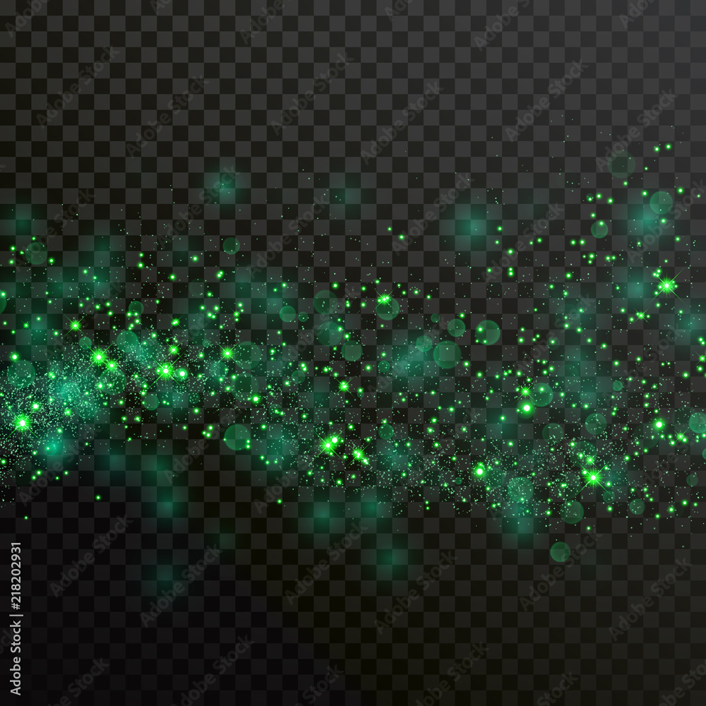 Aufkleber Green particles light or sparkling glitter shine and comet trail. Vector glittery wave with shiny confetti with bokeh blur effect on transparent background