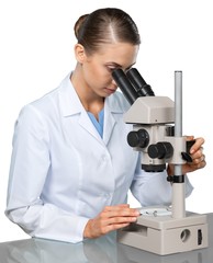 Young Female Scientist Working with Microscope on white