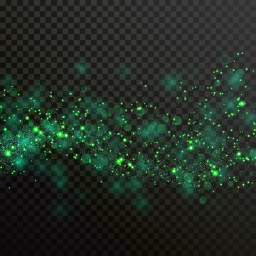 Green particles light or sparkling glitter shine and comet trail. Vector glittery wave with shiny confetti with bokeh blur effect on transparent background