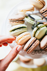 Homemade French Macaroons on the Plate, Pistachio, Coffee and Vanilla Macaroons, Womans Hand is taking Delicious Cookies Macaroons, Beautiful Wallpaper