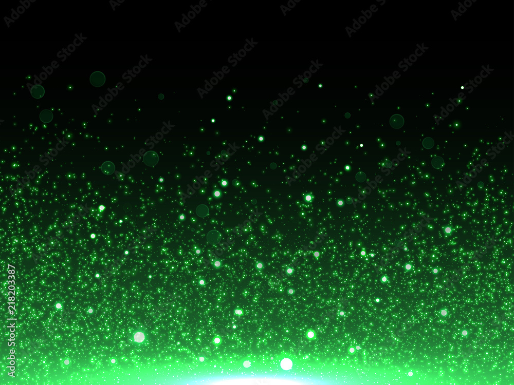 Poster Green glitter particles vector abstract shiny background of star dust with glittery bokeh light effect