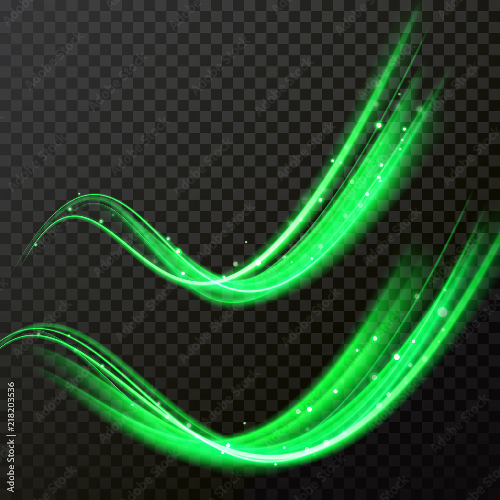 Wall mural green glitter particles wave. vector light comet trail with sparkling glow effect